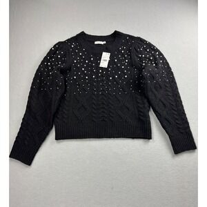 NWT LUSH Pearl Embellished Cable Knit Sweater Black XL